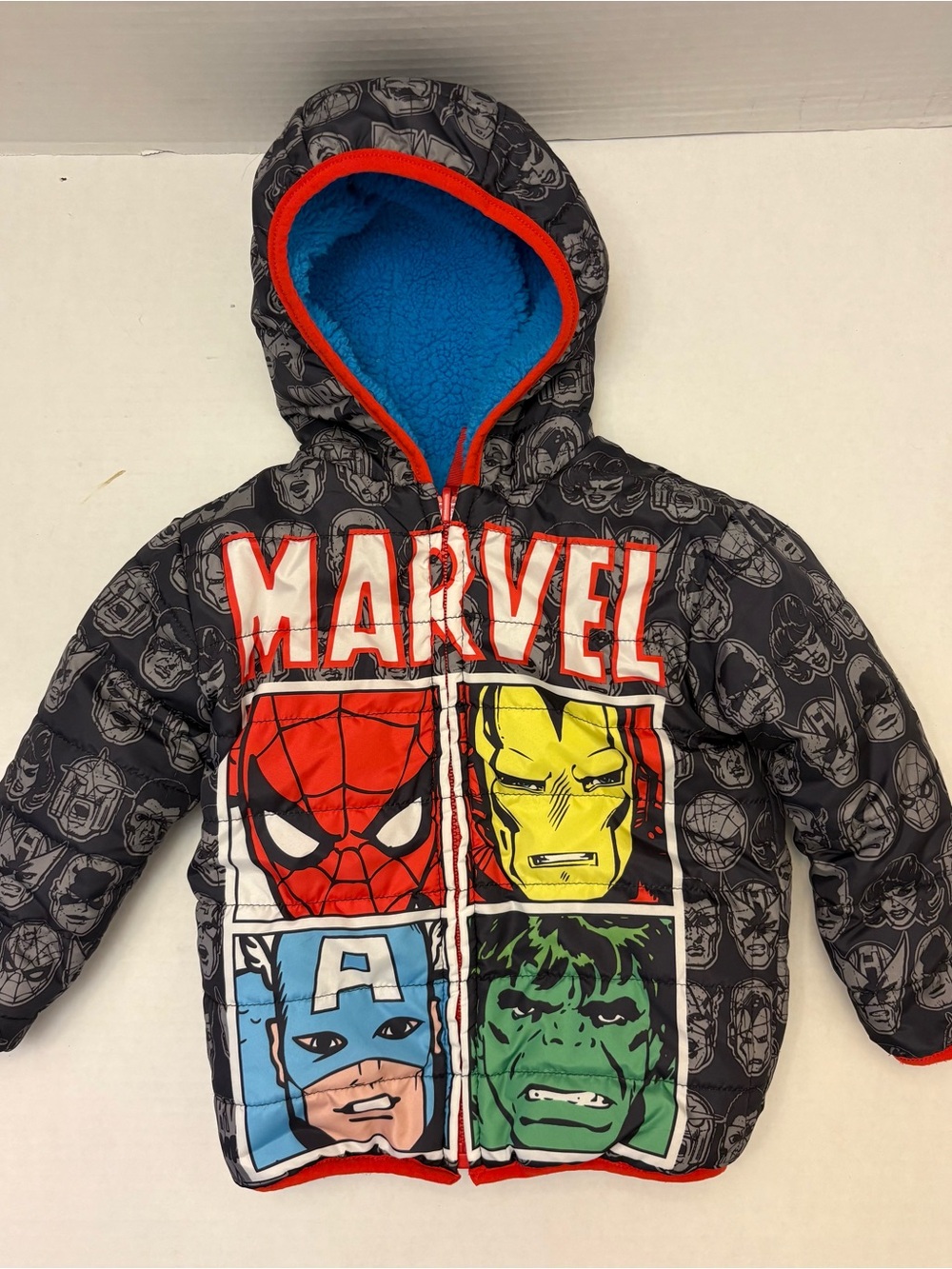 Marvel Kids Reversible Hooded Puffer Jacket - Black with Red & Blue